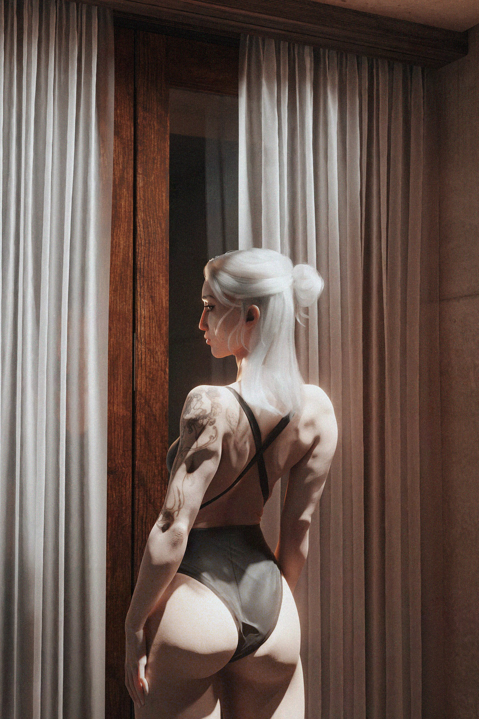 Erin OC 3D Rendering by Ivane.jpg. A female figure with white hair and a tattoo stands by a window with sheer curtains illuminated by soft lighting.